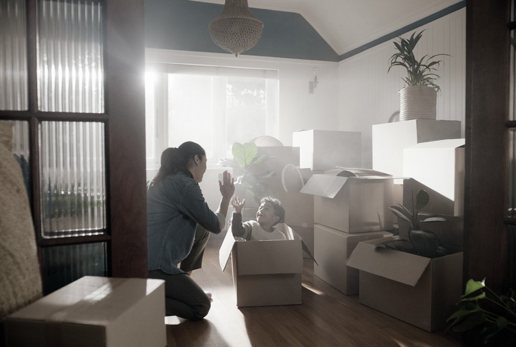 Happy couple saving money